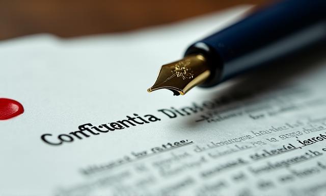 A fountain pen resting on a confidential legal document with a seal